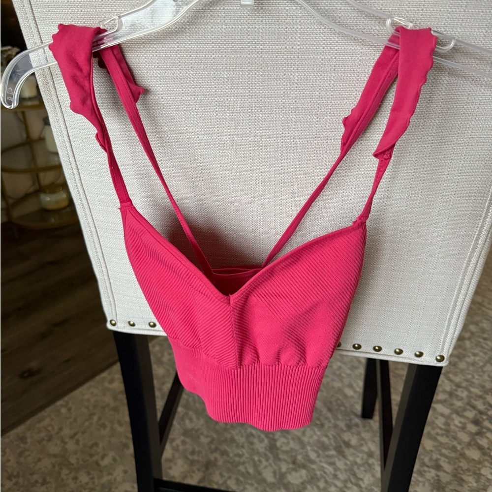 Free People Movement Pink Ribbed Bralette with Ruffle Sleeves, M, EUC